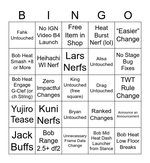 Tekken Patch Bingo Card