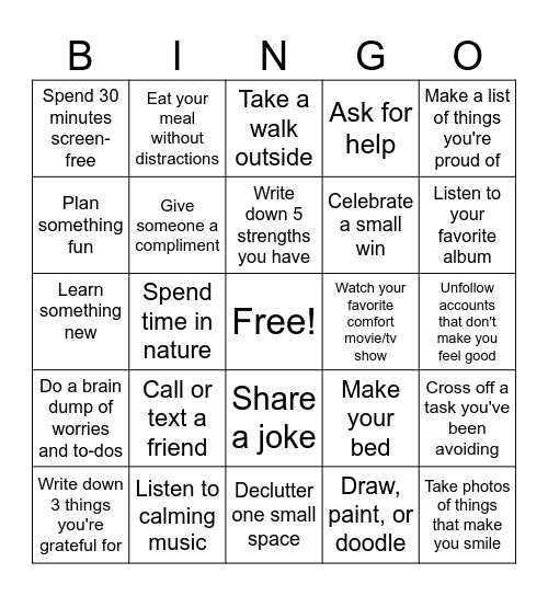 Self-care Bingo Card