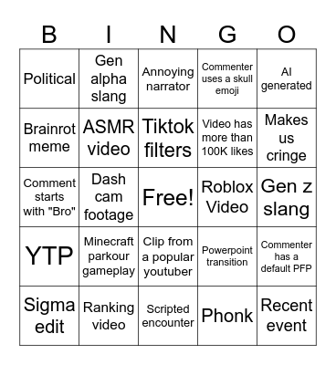 Youtube Short Bingo Card