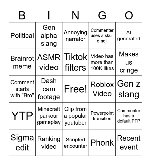 Youtube Short Bingo Card