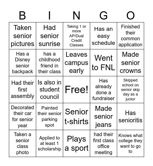 Senior Presidents Bingo Card
