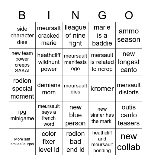 canto 10 Bingo Card