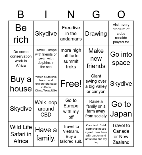 BUCKLIST BINGO Card