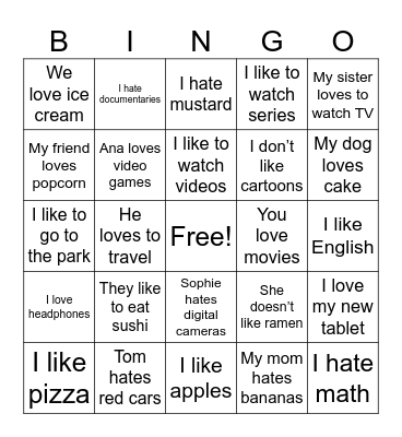 Like, love, hate simple present Bingo Card