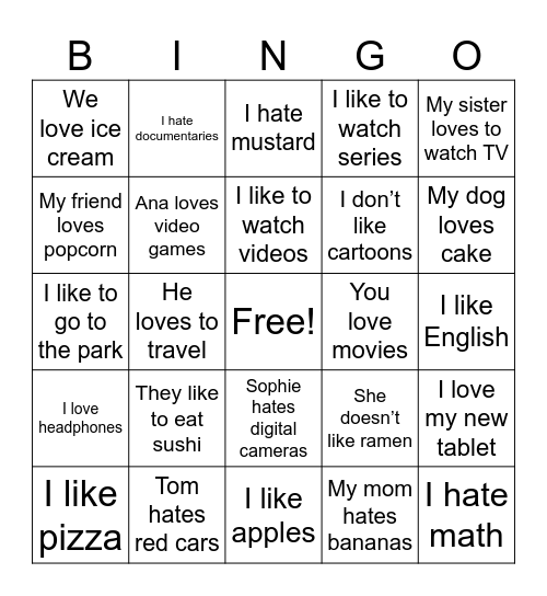 Like, love, hate simple present Bingo Card