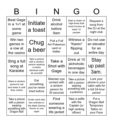Gage Bachelor Party Bingo Card
