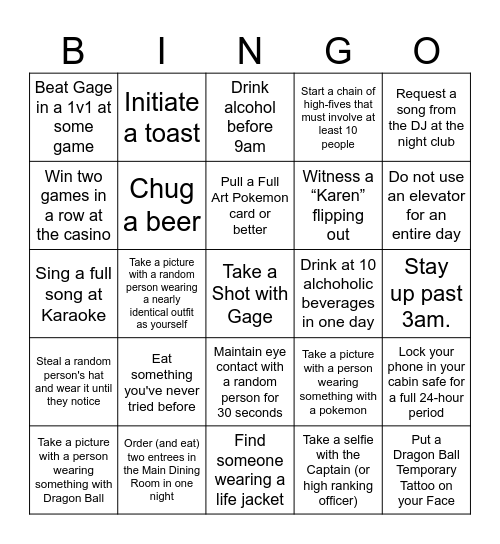 Gage Bachelor Party Bingo Card