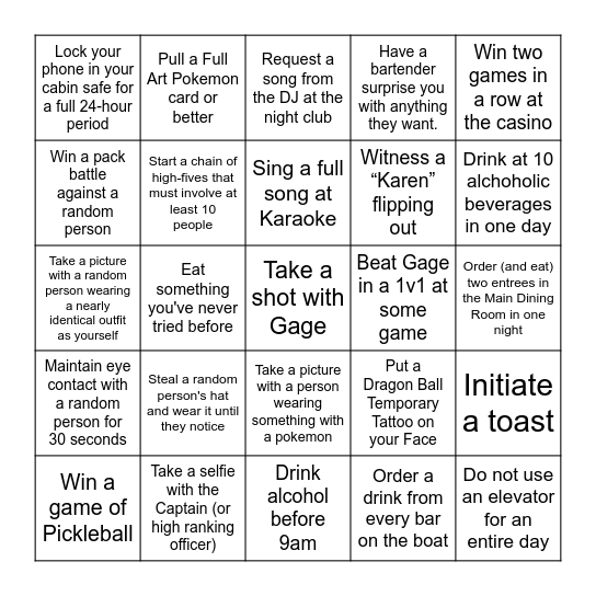 Gage Bachelor Party Bingo Card