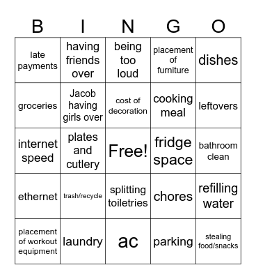 jacob, esther, nathan, isabel move in problems Bingo Card