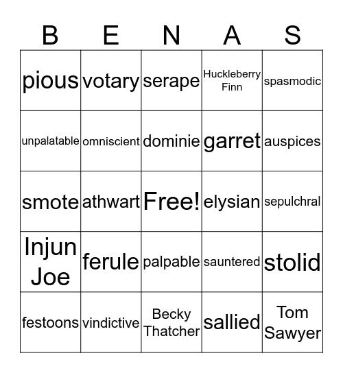 The Adventures of Tom Sawyer, Vocabulary List #4 Bingo Card