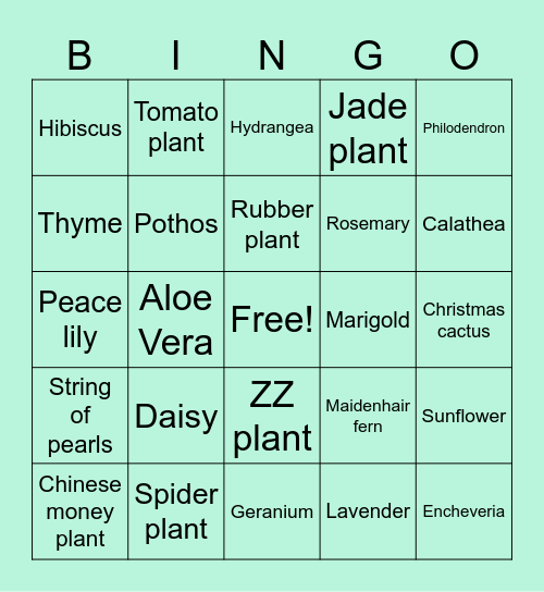 Secret Garden Plant Bingo Card