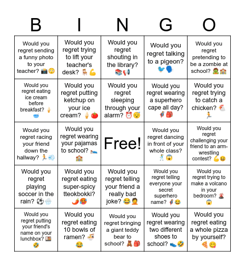 D9 Would you regret Bingo Card