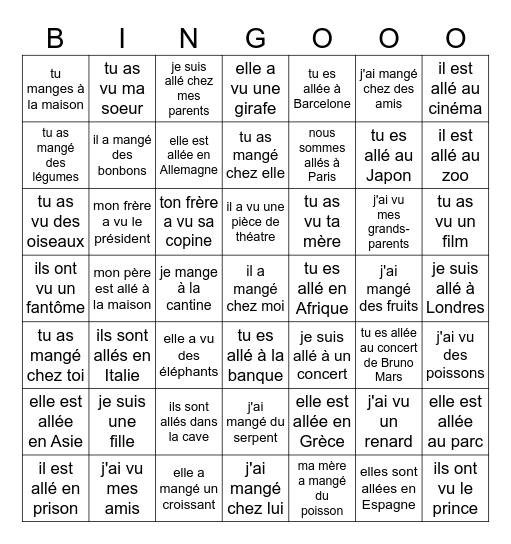 aller/voir/manger Bingo Card