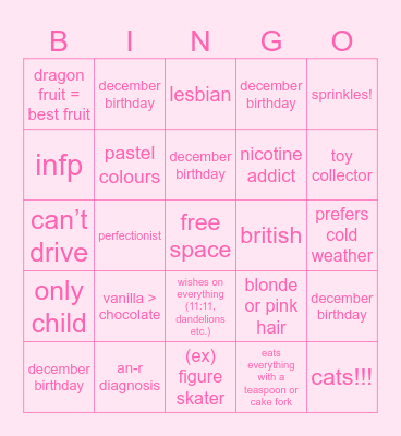 pixie Bingo Card