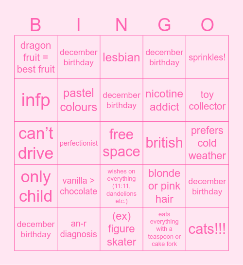 pixie Bingo Card