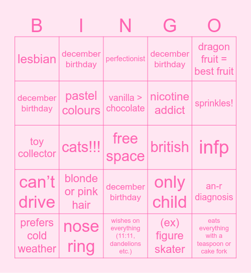 pixie Bingo Card