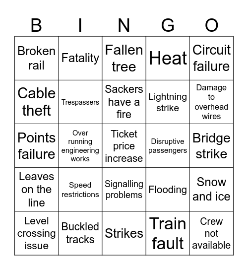 Greater Anglia Bingo Card