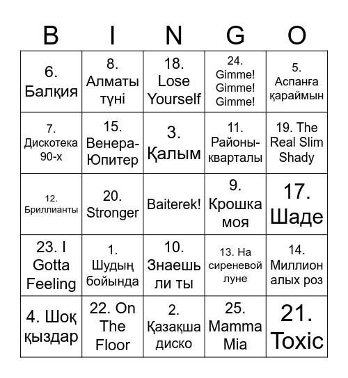 Musical bingo Card