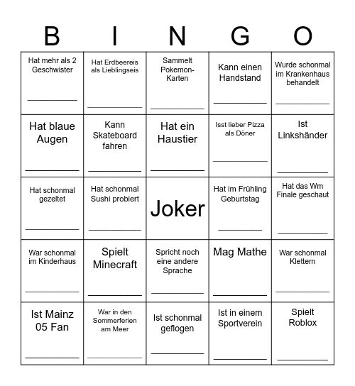 Kennenlern Bingo (Wer....?) Bingo Card