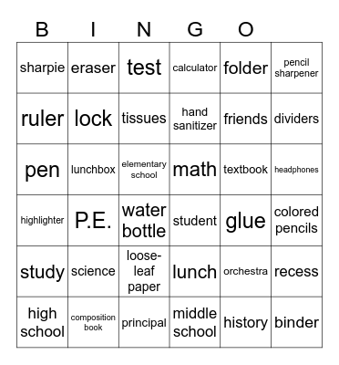 School Bingo Card