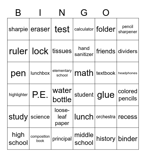 School Bingo Card