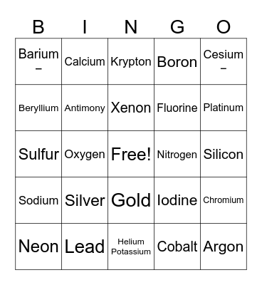 Periodic Table Bingo Card