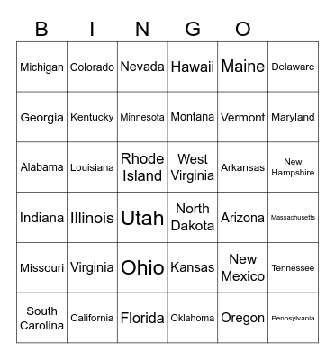 The 50 States Bingo Card