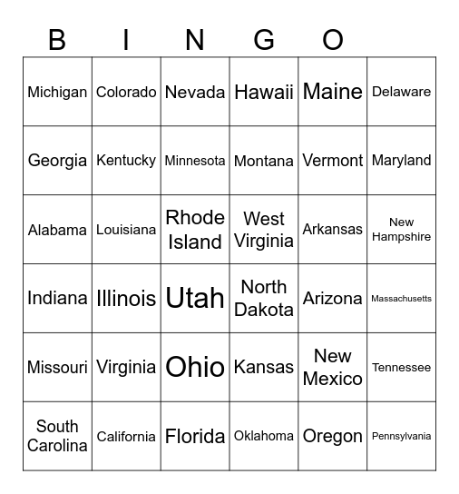 The 50 States Bingo Card