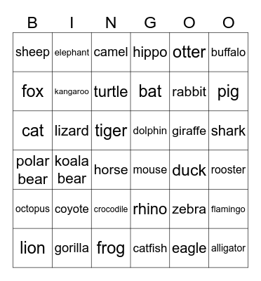 Animals Bingo Card