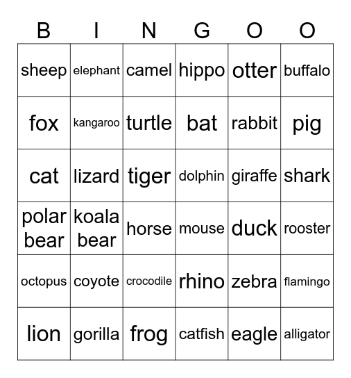 Animals Bingo Card