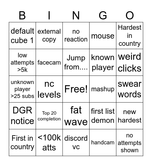DGR Bingo Card