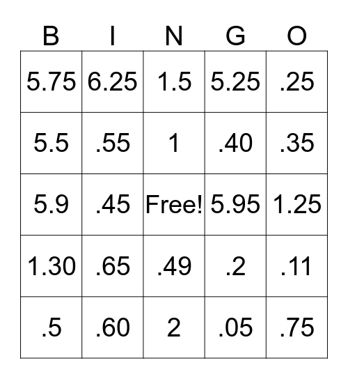 Decimal Bingo Card