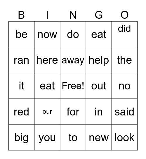 Sight Words Bingo Card