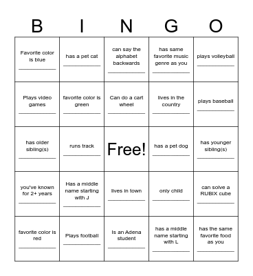 Classmate Icebreaker Bingo Card