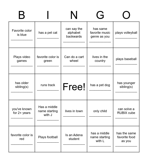 Classmate Icebreaker Bingo Card