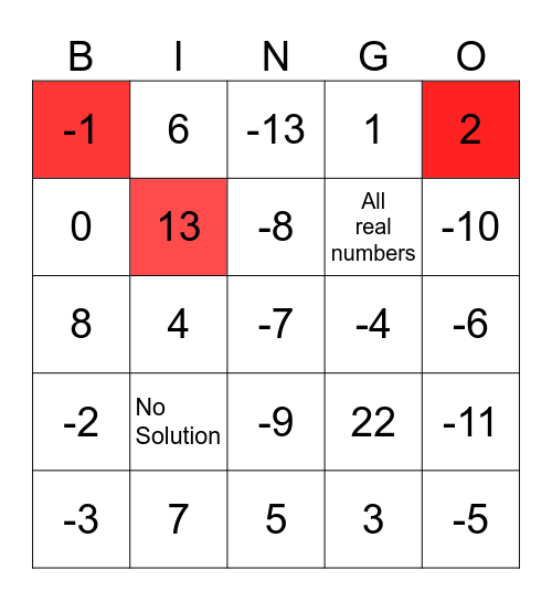 1.2 Solve Equations Bingo Card