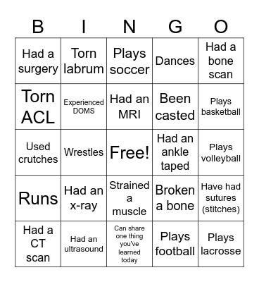 Sports Medicine Bingo Card