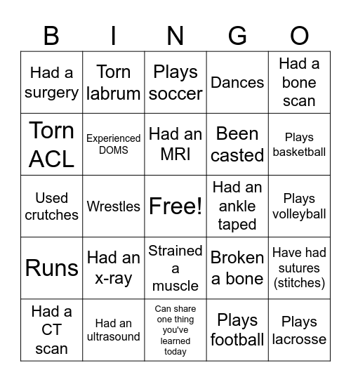 Sports Medicine Bingo Card