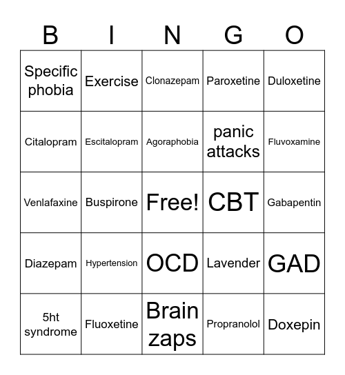 Anxiety Bingo Card