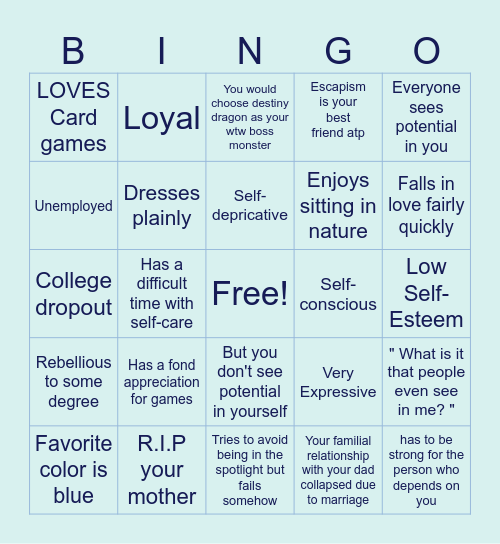 WTW Character Kinnie Bingo: EVAN Bingo Card