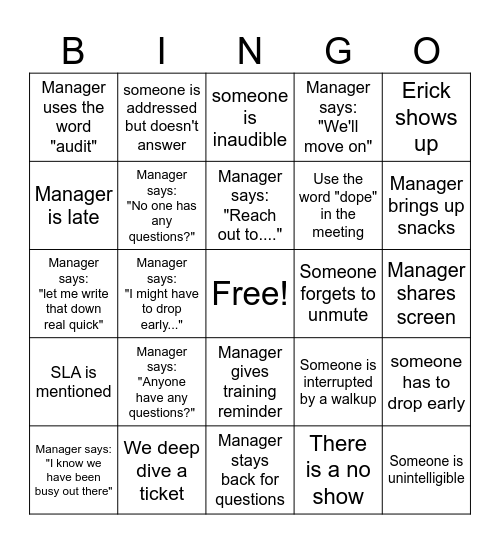 Weekly meeting Bingo Card