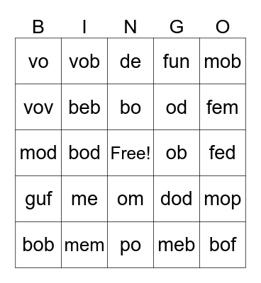 Word Part Bingo Card