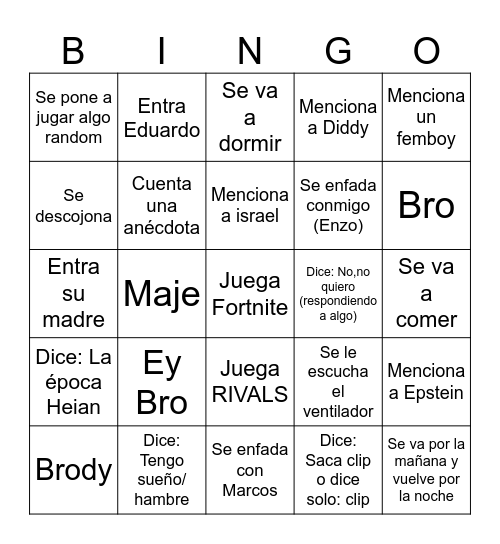 Cosas que dirá o hará Lian Bingo Card