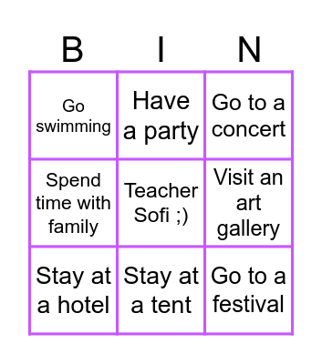 Free time activities Bingo Card
