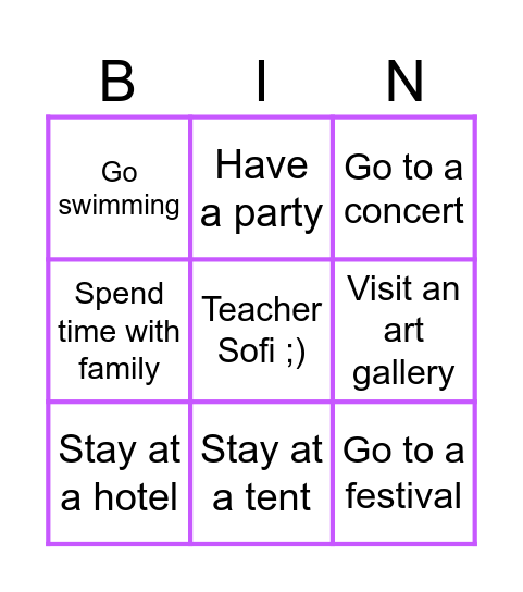 Free time activities Bingo Card