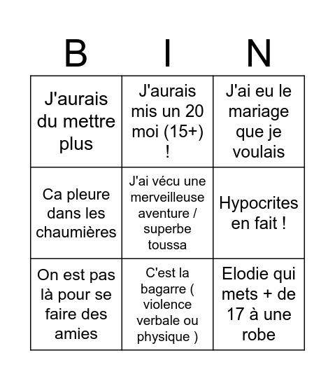 Le bingo des chipies Bingo Card