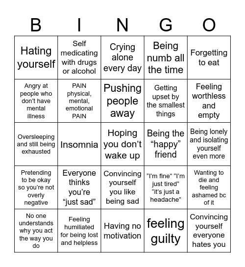 Depression Bingo!!!!! Bingo Card