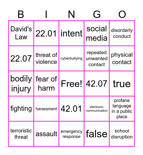 Texas Law Bingo Card