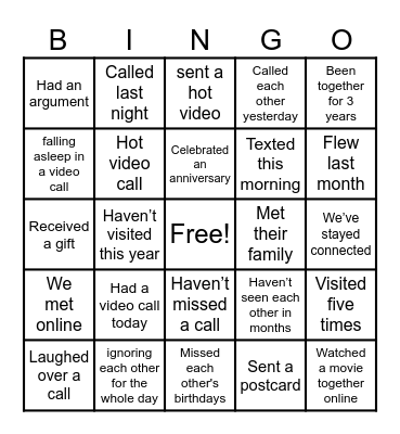 long-distance relationship Bingo Card