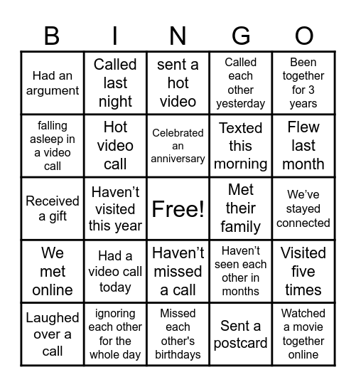 long-distance relationship Bingo Card